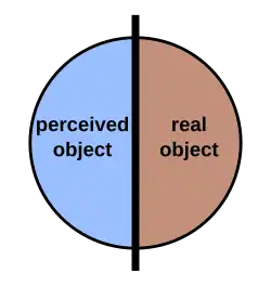 Diagram of a circle divided into two sides with the texts "perceived object" and "real object"
