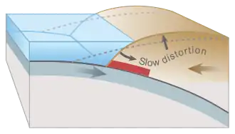 Over-riding plate bulges under strain, causing tectonic uplift.