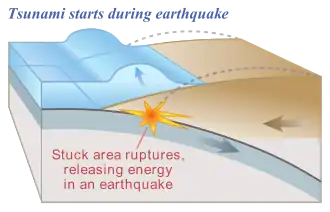 Plate slips, causing subsidence and releasing energy into water.