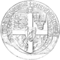 One of the seals of Eric VII "of Pomerania", 1398. The three Danish lions carry a Danish flag (top-left corner).