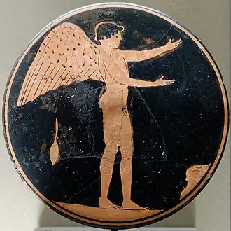 Bobbin with Eros; 470–450&nbsp;BC; red-figure pottery; height: 2.6&nbsp;cm, diameter: 11.8&nbsp;cm; Louvre