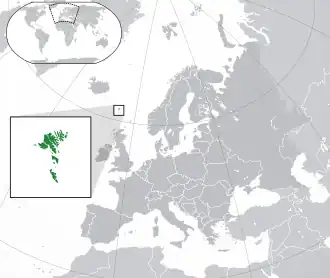 Location of&nbsp;the&nbsp;Faroe Islands&nbsp;(green) in Europe&nbsp;(green and dark grey)