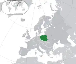 Location of Poland (dark green) in the Cold War-era Europe (dark grey)