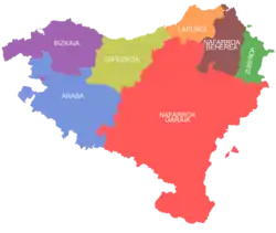 The seven historical provinces usually included in the definition of the greater region of the Basque Country.