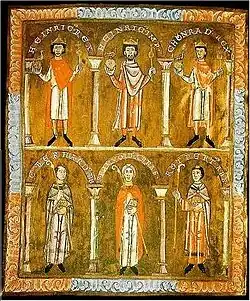 The Emperor and his sons wear crowns, while three other men each hold a crosier
