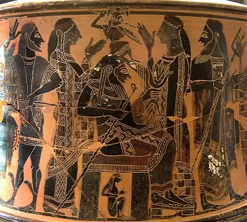 Attic black-figure exaleiptron of the birth of Athena from the head of Zeus (c. 570–560 BC) by the C Painter[219]