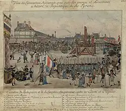 The execution of Couthon; the body of Adrien Nicolas Gobeau, ex-substitute of the public accuser Fouquier and member of the Commune, the first who suffered, is shown lying on the ground;[415][better&nbsp;source&nbsp;needed] Robespierre (#10) is shown holding a handkerchief to his mouth. Hanriot (#9) is covering his eye, which came out of its socket when he was arrested.