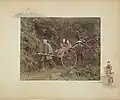 Jinriki, 1886. Hand-coloured albumen print on a decorated album page. A rickshaw driver, two passengers and a bearer.