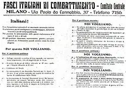 the Fasci italiani di combattimento manifesto as published in Il Popolo d'Italia on 6 June 1919