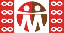 A flag with two vertical red bars touching its horizontal ends. The red bars each have four white infinity symbols stacked vertically. The flag's background is white, which can be seen in the center. In the center there is a large logo -- a circle colored red on its left half and brown on its right half, and having two stylized people in white -- a circle head, curved trapezoid arms that extend toward the edge of the circle, and curved legs that together make an M-shape.