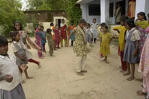 Girls play hopscotch in Juara, Madhya Pradesh. Hopscotch has been commonly played by girls in rural India.[443]
