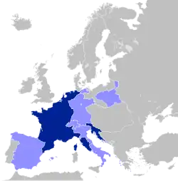 Map of Europe as at 1812, highlighting France and her client states