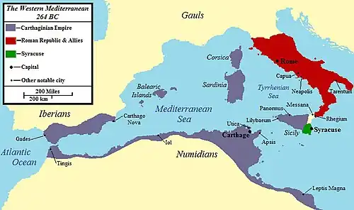 a colour of the western Mediterranean region showing the areas under Roman and Carthaginian control in 264 BC