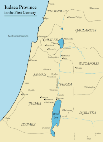 Map of the Roman province of Judaea in the first century CE, showing main cities and regional boundaries
