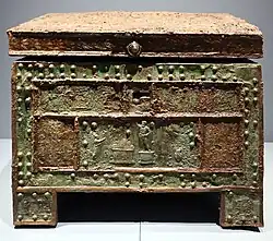 Treasure chest with a sacrifice of Jupiter depicted on it; 1st century AD; wood, iron and bronze, with ageminature; from Pompeii; Naples National Archaeological Museum (Naples, Italy)
