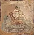 Sex between a female and a male.The figure on the left has a garland of rose petals around their head. The figure to the right is wearing a strophium which is a kind of bra or bikini top.[33] Pompeii. Around 70CE