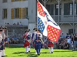 The pre-revolutionary regimental flags inspired the flag of Quebec (here, the Compagnies Franches de la Marine).