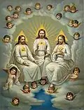 Atypical depiction of the Trinity where the Son is identified by a lamb, the Father an Eye of Providence, and the Spirit a dove