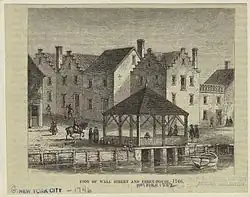 The Foot of Wall Street and Ferry House – 1746, a portrait depicting the Manhattan side of the East River crossing, known then as the Brooklyn Ferry, as it appeared in the mid-1700s.[90]
