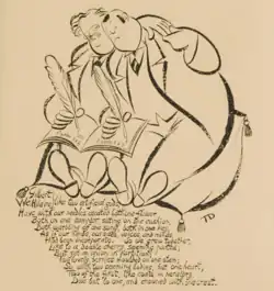 A caricature of two obese men in suits writing with quills in the same book holding each others hands and sitting on a huge pillow; a poem is written in flowery handwriting beneath