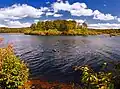 A sunny lake with an island and shore covered in autumnal foliage under a blue sky with some clouds