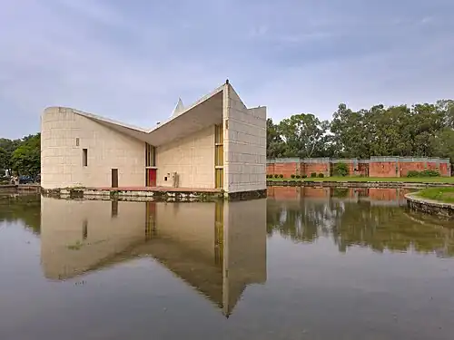 "Gandhi Bhawan at the Panjab University in Chandigarh. Commissioned by India's prime minister, Jawaharlal Nehru, and designed by the Swiss-French architect Le Corbusier, the city was built in the aftermath of India's 1947 partition and independence. The city's Capitol Complex is now a UNESCO World Heritage Site.