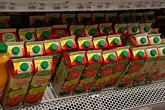 Processed gazpacho in ready-to-drink carton packages, widely available in supermarkets.