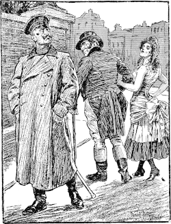 A cartoon on the Entente Cordiale from Punch, with John Bull stalking off with the harlot Marianne (in what is supposed to be a Tricolour dress) and turning his back on the Kaiser, who pretends not to care. The tip of the scabbard of a cavalry sabre protrudes from beneath the Kaiser's army overcoat, implying a potential resort to force.