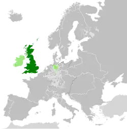 Great Britain in 1789; Kingdom of Ireland, the Isle of Man, the Channel Islands, and Electorate of Hanover in light green