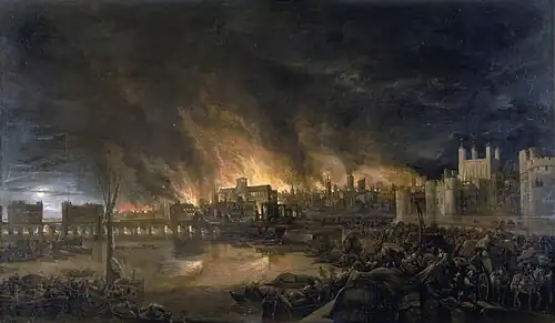 The 1666 Great Fire as depicted in a 17th-century painting: it shows Old London Bridge at left, churches, houses, and the Tower of London at right, as seen from a boat near Tower Wharf