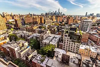 Bird's eye view of Greenwich Village, facing south towards the Lower Manhattan skyline in 2017