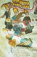 Armenian manuscript showing musicians, including harper. Resembles Persian or Central-Asian chang, as well as Chinese konghou.