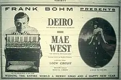 Mae West and Guido Deiro seated side by side in a performance advertisement, circa 1916