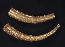 Copies of the Golden Horns of Gallehus from the Germanic Iron Age, thought to be ceremonial horns but of a raid purpose.