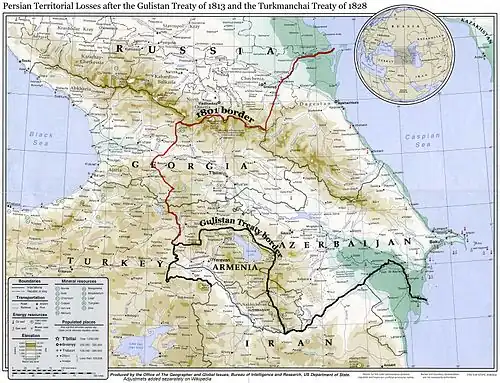 A map showing the 19th-century northwestern borders of Iran, comprising modern-day eastern Georgia, Dagestan, Armenia, and the Republic of Azerbaijan, before being ceded to the neighboring Russian Empire by the Russo-Iranian wars.