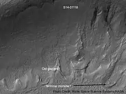Gullies in a crater in Eridania quadrangle, north of the large crater Kepler. Also, features that may be remains of old glaciers are present. One, to the right, has the shape of a tongue. Picture taken under the MOC Public Targeting Program.
