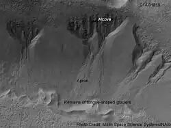 Group of gullies on north wall of crater that lies west of the crater Newton (41.3047 degrees south latitude, 192.89 east longitude). Image taken by Mars Global Surveyor, MOC Public Targeting Program. Image is located in the Phaethontis quadrangle.