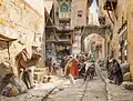 A painting by Gustav Bauernfeind of a crowd in Damascus street, circa 1890