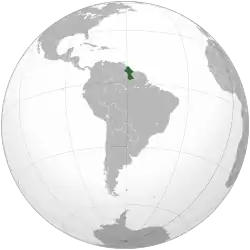 Location of&nbsp;Guyana&nbsp;(green) Location of South America in grey
