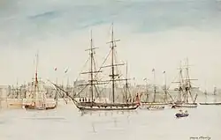 In 1837 HMS Beagle set off on a survey of Australia, and is shown here in an 1841 watercolour by Captain Owen Stanley of Beagle's sister ship HMS Britomart.