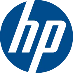 A dark blue circle with the stylized italic letters "hp" on it