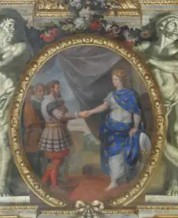 Renewal of the alliance with the Swiss, 1663: The allegory of France extending her hand to the Swiss envoys, Johann Heinrich Waser, Mayor of Zürich and head of the Swiss delegation, and Anton von Graffenried, the Envoy of the Canton of Bern (№ 27)