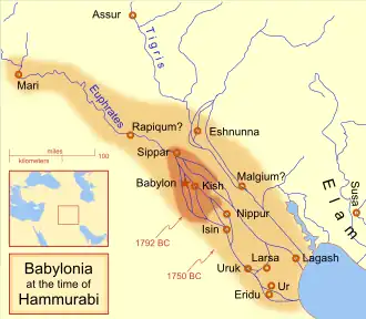 The extent of the Babylonian Empire at the start and end of Hammurabi's reign, in modern-day Iraq.