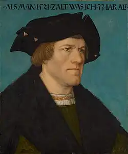 Hans Maler zu Schwaz, Portrait of a beardless man with the inscription: "ALS MAN. 1521. ZALT. WAS. ICH. 33. IAR ALT" (mutatis mutandis to English: "as we had in 1521, I was 33 years old)