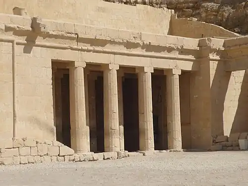 Possible inspiration for the Doric order: Ancient Egyptian columns of the shrine of Anubis at the Temple of Hatshepsut, Deir el-Bahari, Egypt, c.1470 BC[14]