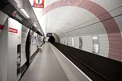 Haymarket, the first underground Metro station to be refurbished, branded in the new corporate colour scheme.