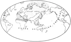 A crude world map with various zones of influence written on them