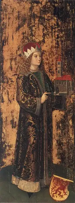 A painting of a long-haired young man holding a church's design in his hand