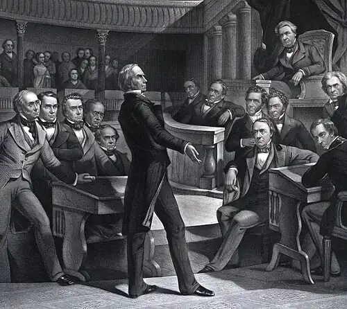 An engraving of Henry Clay speaking in the Old Senate Chamber with Fillmore seated in the upper right