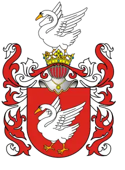 Coat of arms of writer Henryk Sienkiewicz's family, a variant of the Polish–Lithuanian coat of arms "Łabędź" (Polish for "Swan")